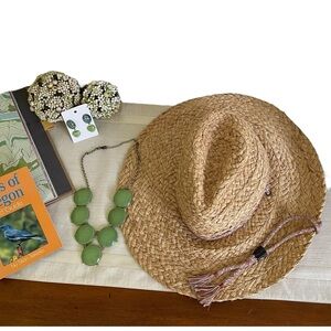 Garden Girl Straw Hat, Green Necklace, Green/Blue Drop Earrings Curated Lot